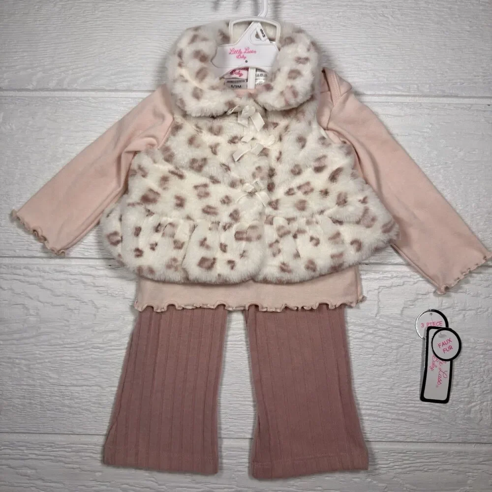 Little Lass Baby Girl 3-Piece Faux Fur Vest Outfit Pink Cheetah 6-9M NWT